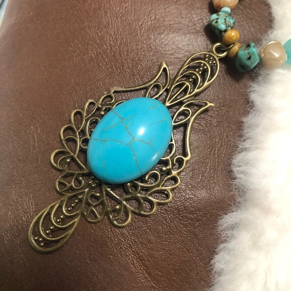 Handcrafted large howlite filigree pendant beaded necklace